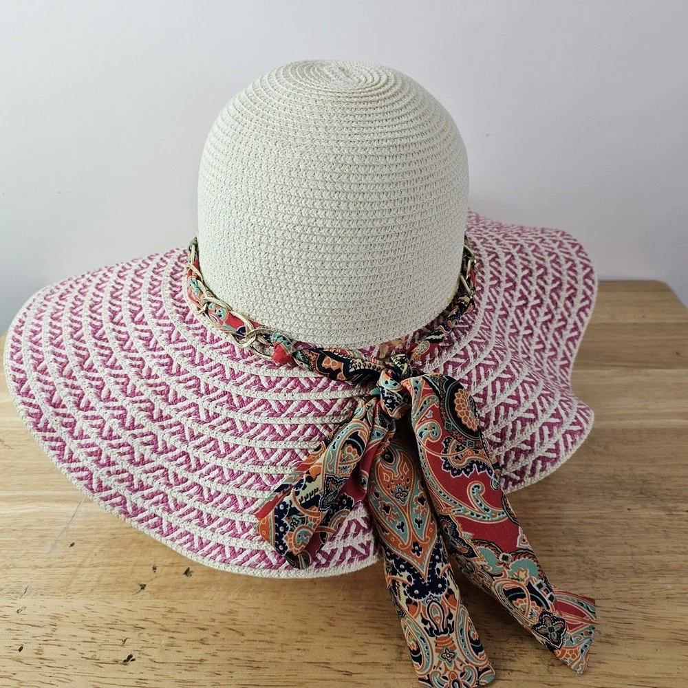 Womens Gold Chain Band Paisley Scarf Boho Straw Beach Sun Panama Hat White Pink‎